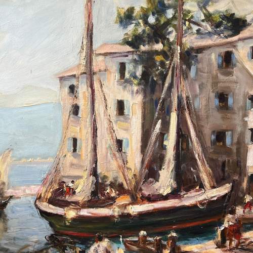 Mid 20th Century Harbour Scene Oil on Board Painting image-2