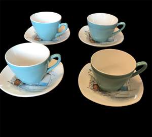 4 Midwinter Coffee Cups & Saucers. Cannes Design. Hugh Casson.