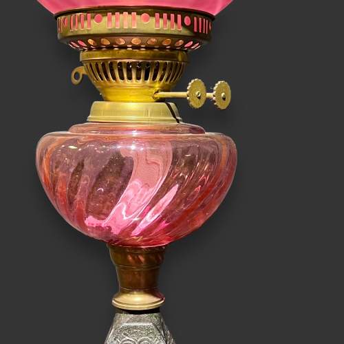 Victorian FS & Co Cranberry Glass & Cast Iron Oil Lamp image-4