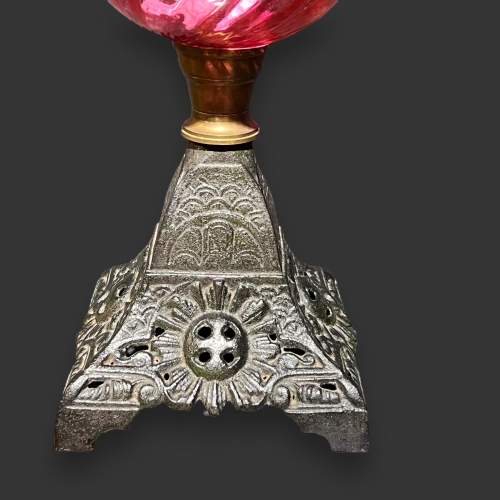 Victorian FS & Co Cranberry Glass & Cast Iron Oil Lamp image-6