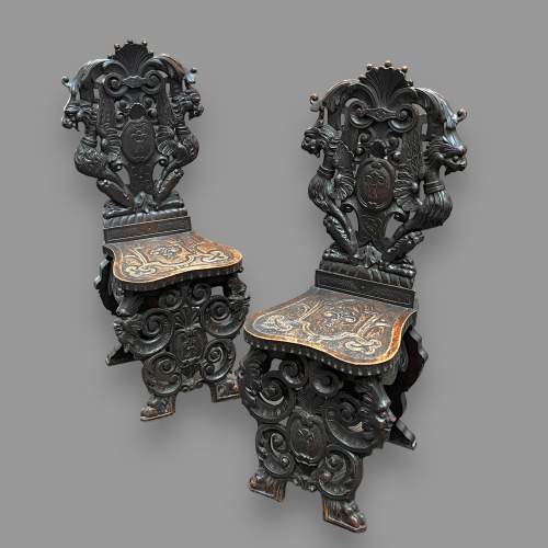 Pair of 19th Century Italian Sgabello Carved Hall Chairs image-1