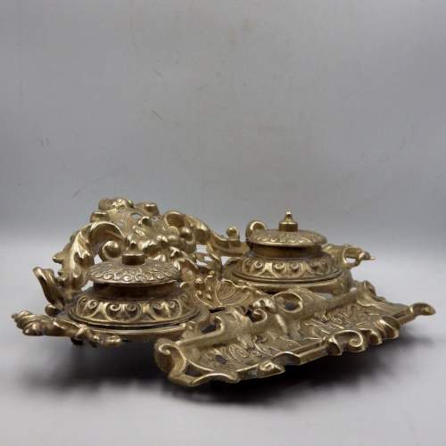 Baroque Decorative Vintage French Brass Inkwell Desk Stand image-2