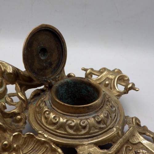 Baroque Decorative Vintage French Brass Inkwell Desk Stand image-3