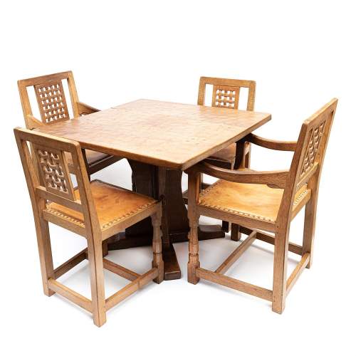 Vintage Mouseman Thompson Square Oak Dining Table and Four Chairs image-1