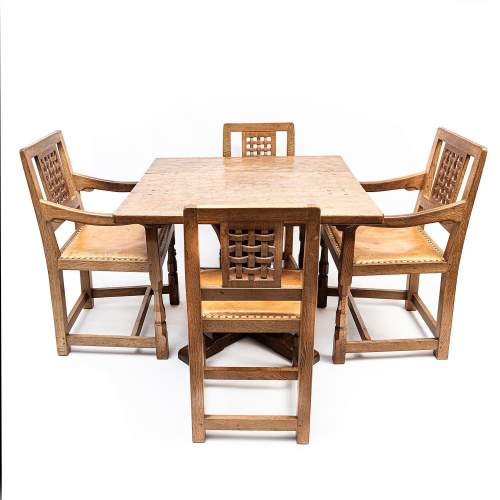 Vintage Mouseman Thompson Square Oak Dining Table and Four Chairs image-2