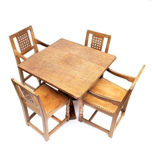 Vintage Mouseman Thompson Square Oak Dining Table and Four Chairs image-3