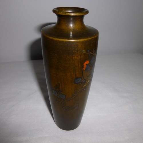 A Small Japanese Bronze Vase with Inlaid Metal Cockerel - Signed image-1