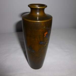 A Small Japanese Bronze Vase with Inlaid Metal Cockerel - Signed