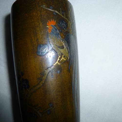 A Small Japanese Bronze Vase with Inlaid Metal Cockerel - Signed image-4