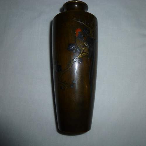 A Small Japanese Bronze Vase with Inlaid Metal Cockerel - Signed image-2