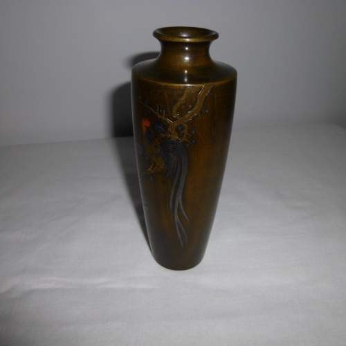 A Small Japanese Bronze Vase with Inlaid Metal Cockerel - Signed image-5