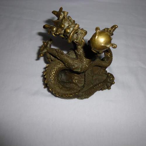Chinese Cast Bronze Dragon chasing Flaming Pearl image-2