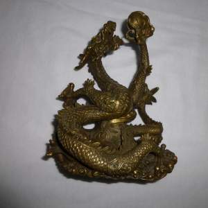 Chinese Cast Bronze Dragon chasing Flaming Pearl