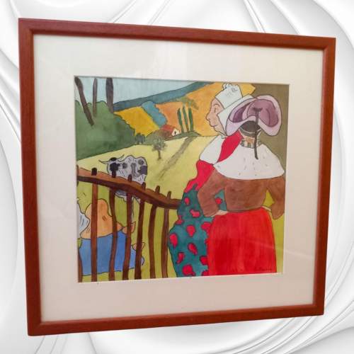 Bretton Woman at Fence. Signed Watercolour after Gauguin image-1