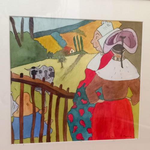 Bretton Woman at Fence. Signed Watercolour after Gauguin image-2