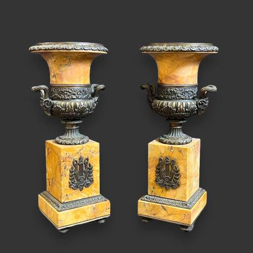 Pair of French Empire Sienna Marble and Bronze Tazza Urns image-1