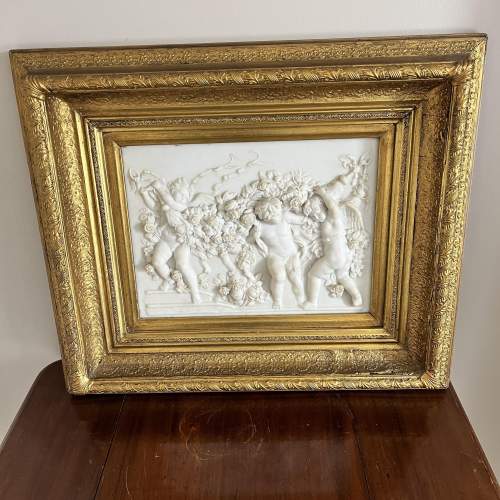 Putti Scene High Relief Wall Plaque in Wooden Gilt Frame image-1