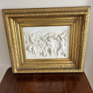 Putti Scene High Relief Wall Plaque in Wooden Gilt Frame