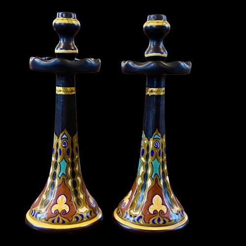 Good Pair of Dutch Gouda Art Pottery Candlesticks image-4