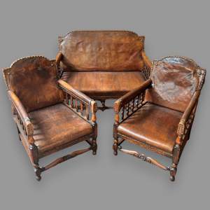 Late 19th Century Carved Oak and Leather Three Piece Suite