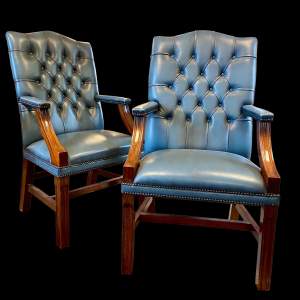 Pair of 20th Century Vintage Blue Leather Armchairs