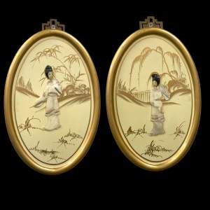 Pair Chinese Small Oval Lacquer Mother of Pearl Wall Plaques