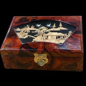 Chinese Lacquer Jewellery Box with Red Satin Interior